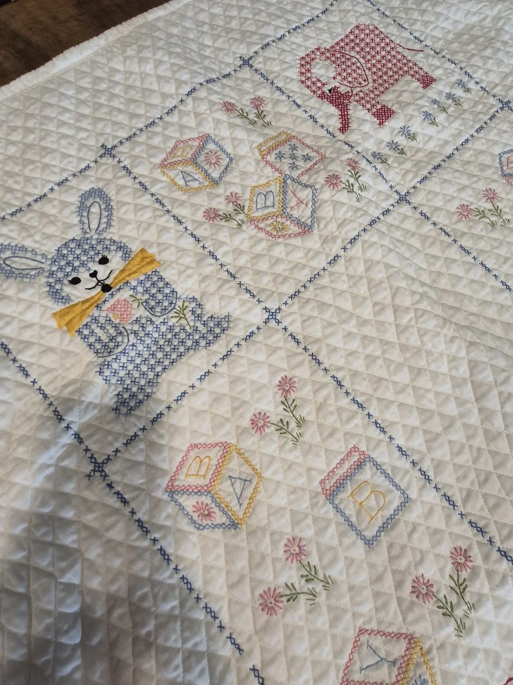 Vintage Handmade Crosstitch Baby Quilt- White with Blue and Pink Animal Motifs
